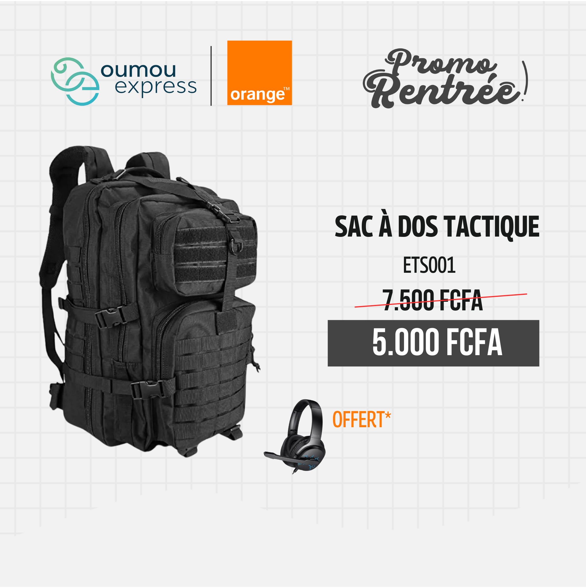 Sac à dos tactique ETS001 + casque H213Z By OumouGroup
