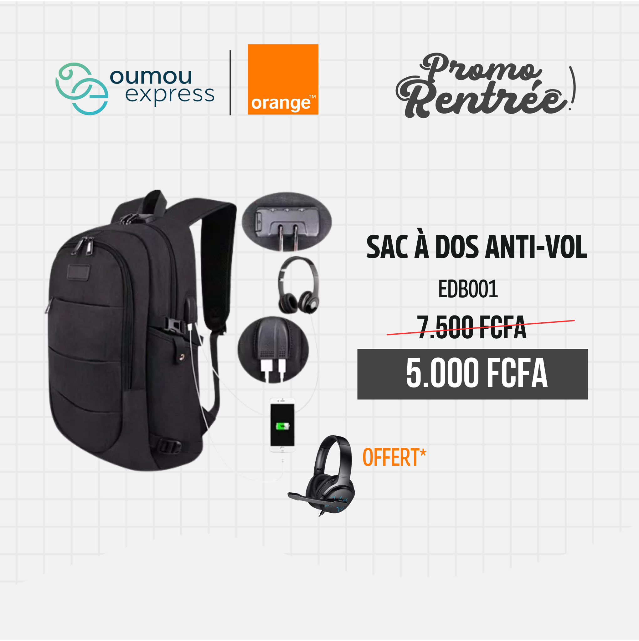 OumouGroup Sac à dos anti-vol backpack EDB001 + casque H213Z By OumouGroup