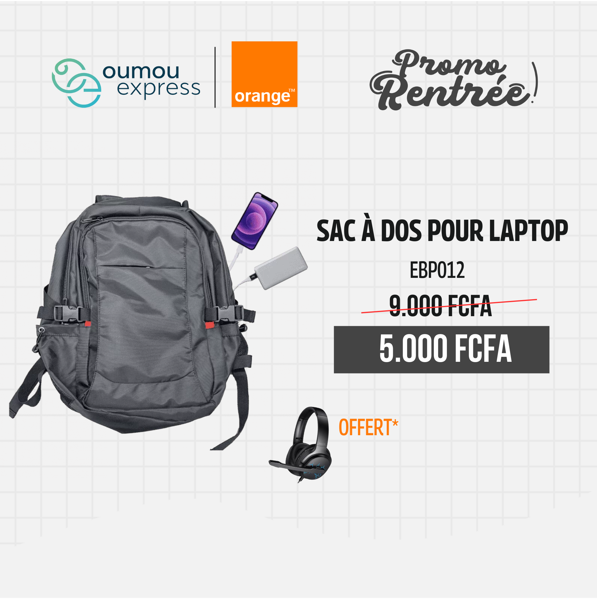 Sac à dos Backpack EBP012 + casque H213Z By OumouGroup