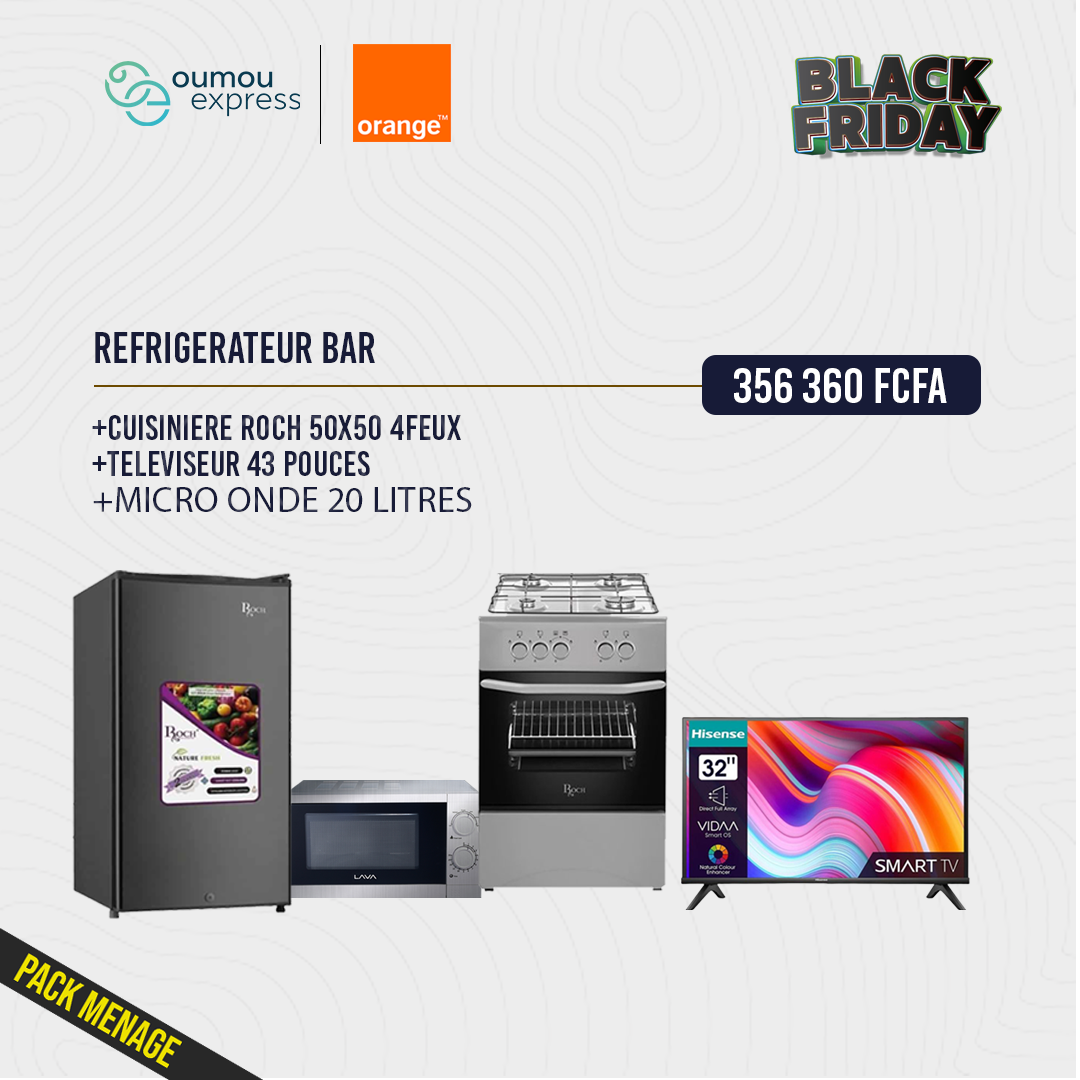 Pack Menage: Réfrigérateur Bar + Micro-ondes 20L + Cuisinière 50x50 + TV 43’’ By OumouGroup
