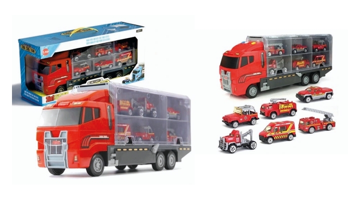 CAC Camion TIR transporteur rouge voitures de pompiers 6 pièces By CAC