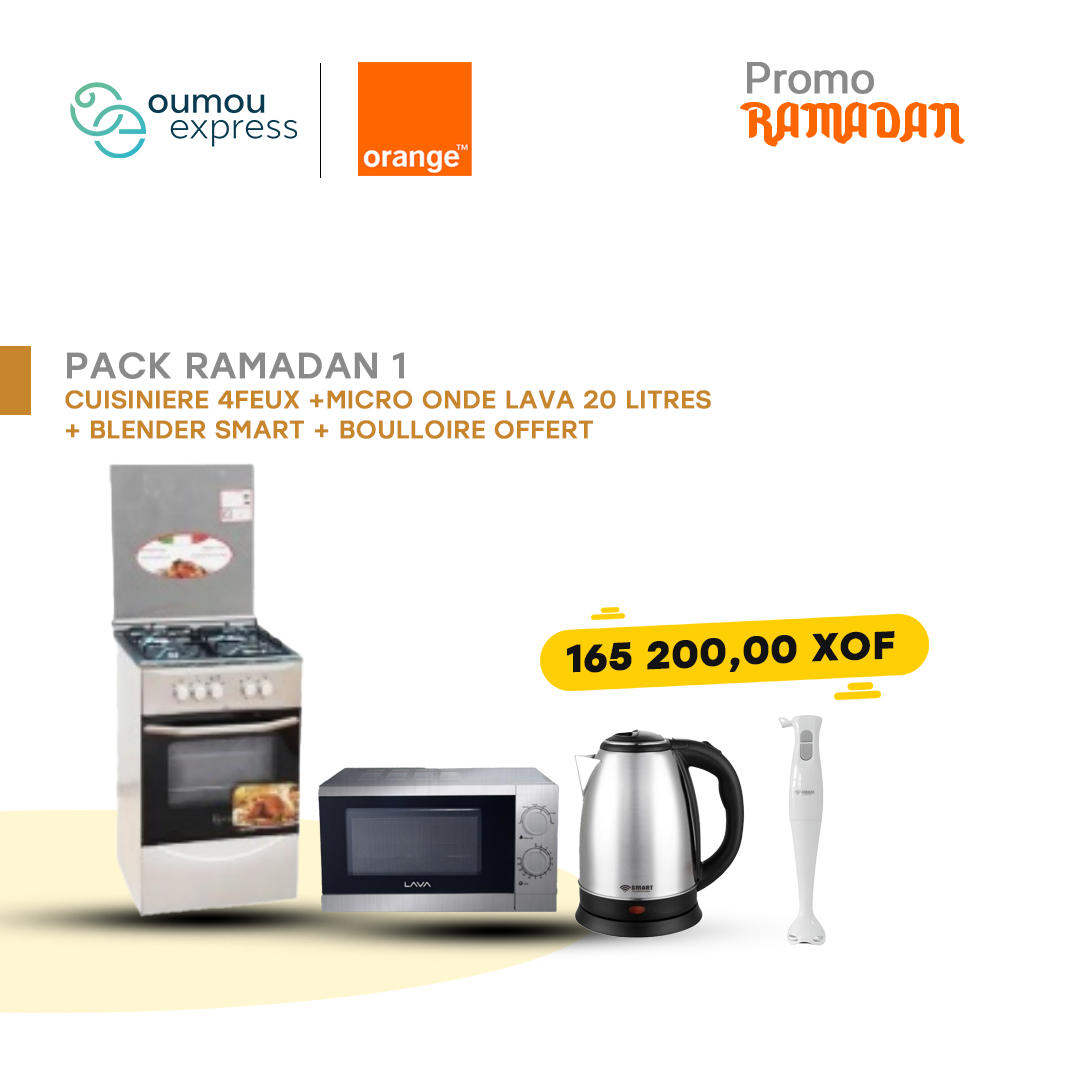 Pack Cuisinière 4 Feux + Micro-ondes 20L+ blender smart +boulloire offert