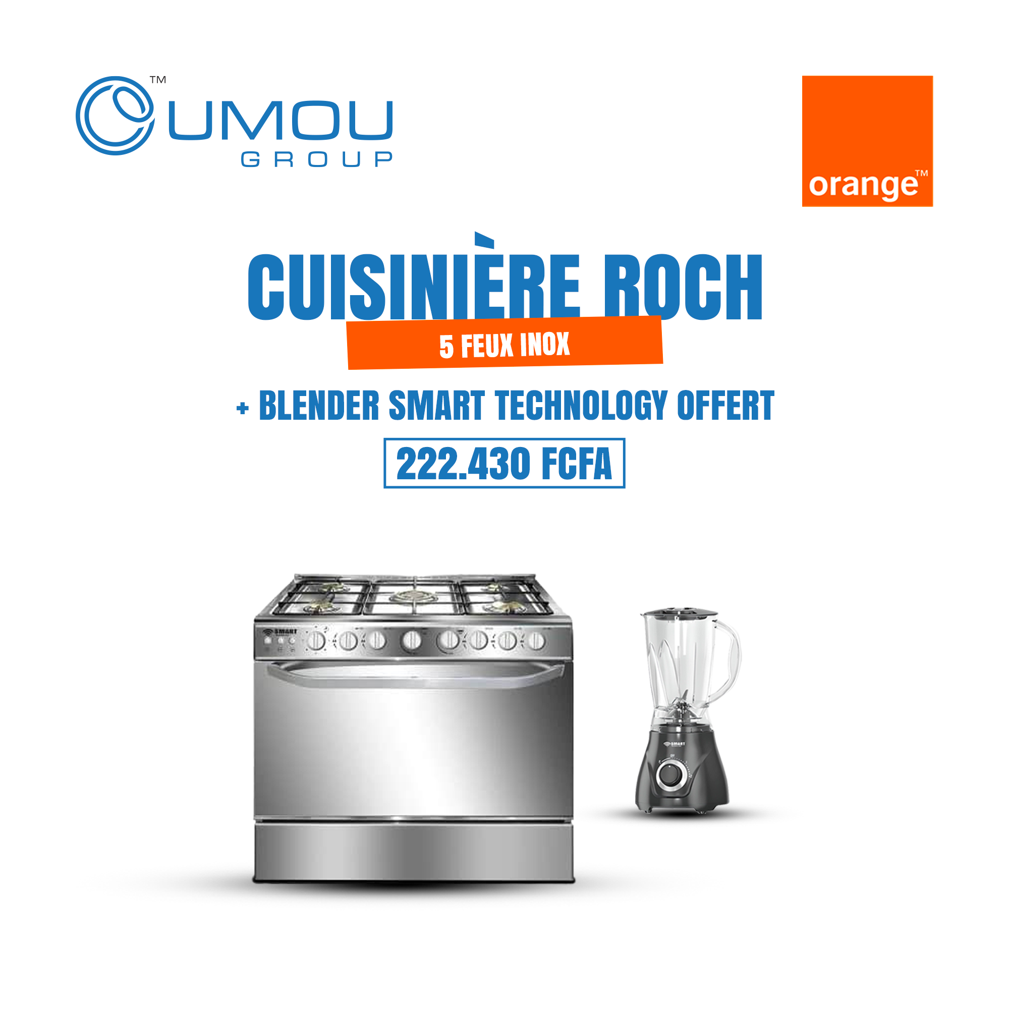 Roch Cuisinière à Gaz 5 Feux Inox avec Blender Offert by OumouGroup